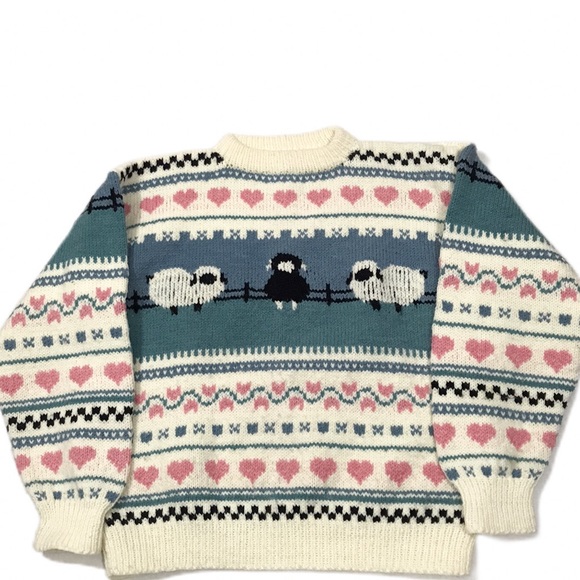 vintage Handmade Sheep Farm Heart Folk Art Sweater - Picture 4 of 6